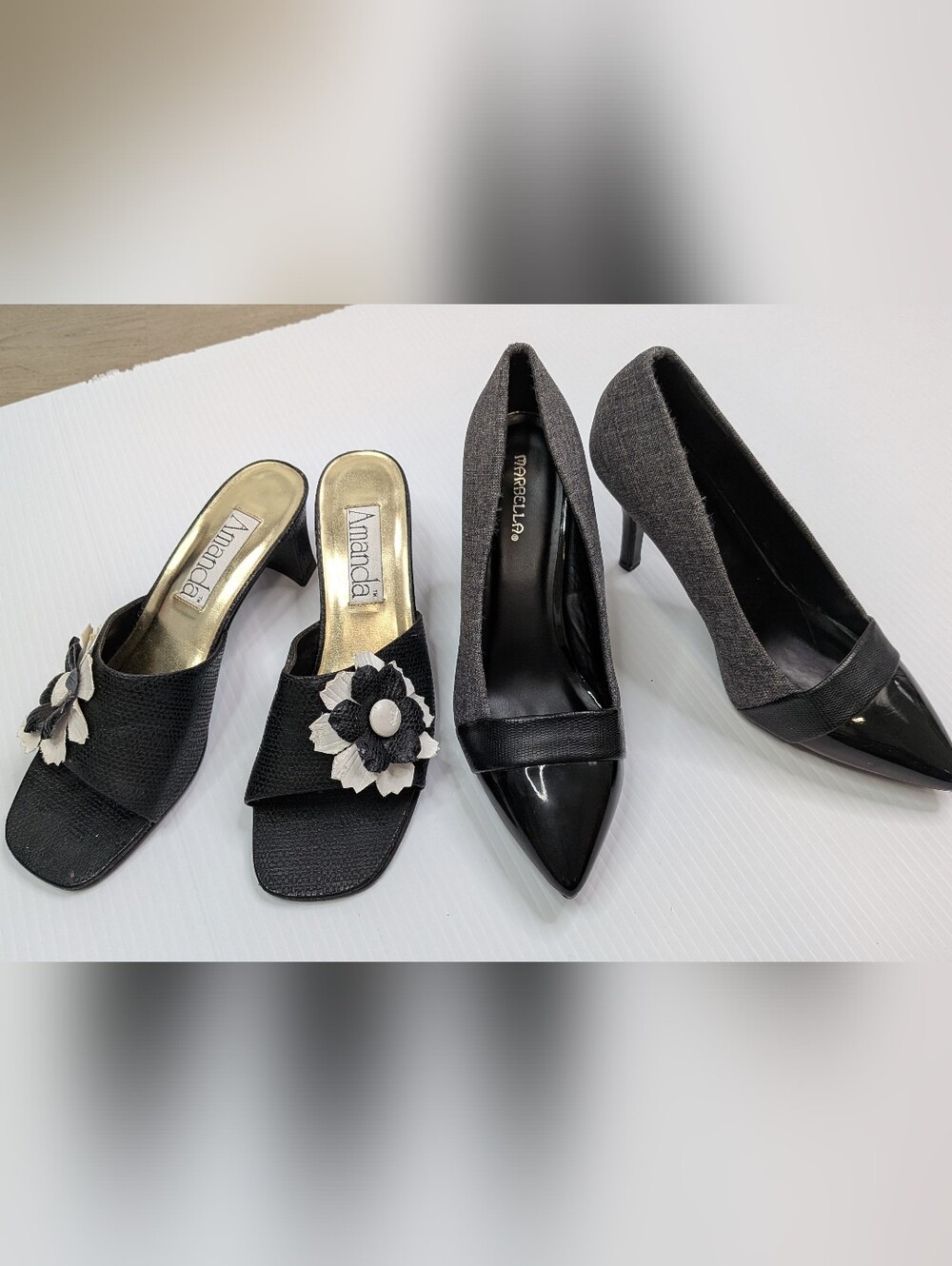 Bundle Office Shoes Black & Gray Women's Heels - Pointed Toe Pump & Floral Mules